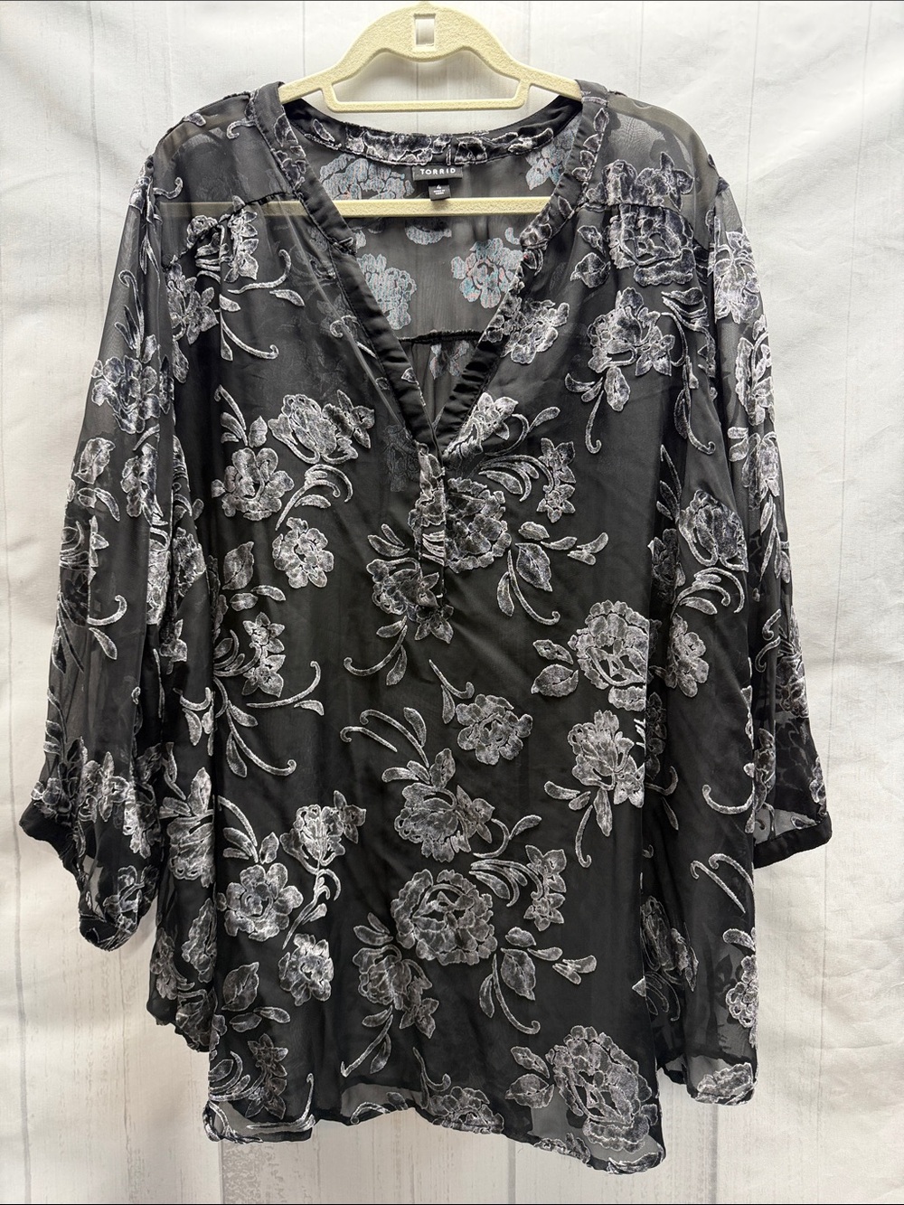 Torrid Harper Black Floral V-Neck Sheer Burnout Blouse 4X
